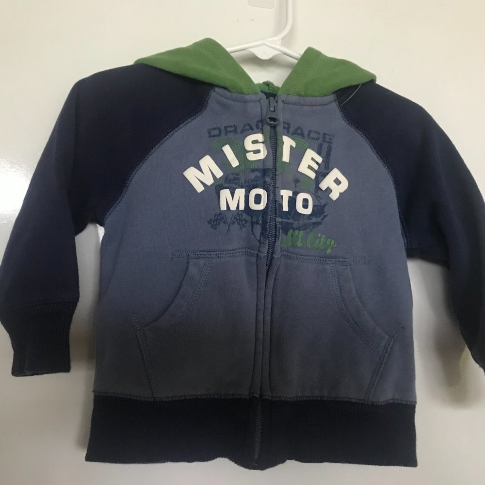 Old Navy Boys size 2T Mister Moto Drag race zip up hoodie in Blue & Green